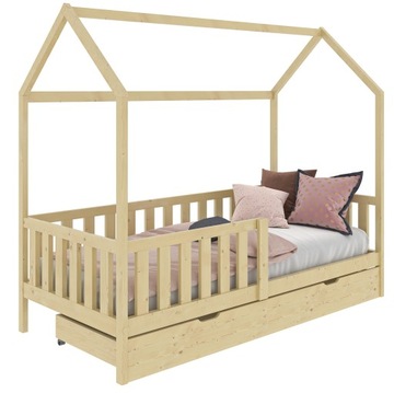 ŁÓŻKO DZIECIĘCE DOMEK Z POJEMNIKIEM 80x160 SOSNA D7S + STELAŻ + PŁOTEK