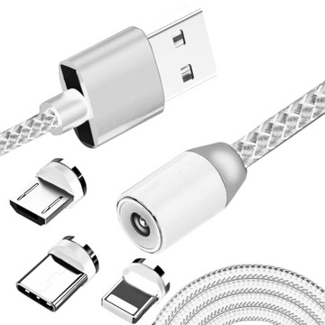 KABEL MAGNETYCZNY 3w1 DO IPHONE LIGHTNING ANDROID MICRO USB TYP-C OPLOT 1m