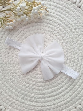 Opaska tiulowa kokardka ecru chrzest roczek wesele