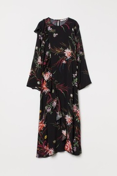 H&M kwiaty sukienka maxi midi długa falbanki falbany czarna kwiatki wzór S