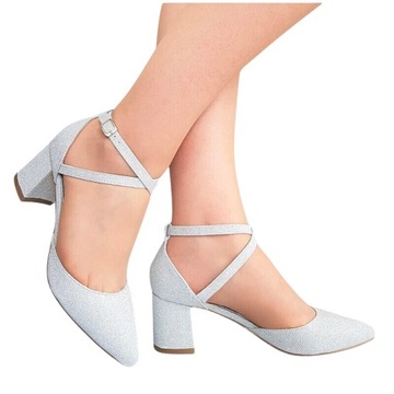 SREBRNE BROKATOWE PRZEPLATANE BUTY CZÓŁENKA NA SŁUPKU 6 cm 36