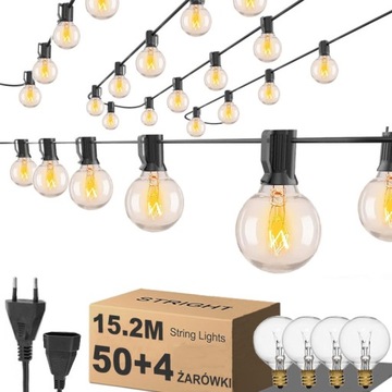 GIRLANDA OGRODOWA ŚWIETLNA ŁAŃCUCH ZEWNĘTRZNA LAMPKI 15M 50 ŻARÓWEK