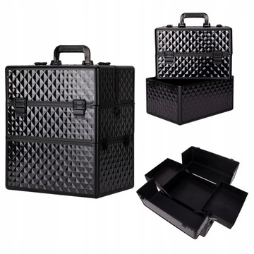 Косметичка, лак, лампа, большой двухсекционный чемодан, черный чемодан.