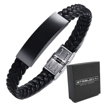 MĘSKA SKÓRZANA BRANSOLETA SPLOT WARKOCZ + BLASZKA