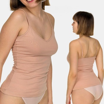 BLUZKA DAMSKA NA RAMIĄCZKACH KOSZULKA TOP GŁADKA BAWEŁNA BASIC BEŻOWA 2XL