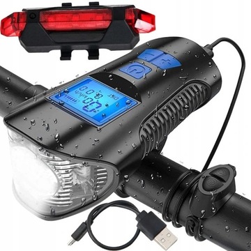LAMPA ROWEROWA LED PRZEDNIA +TYLNA LICZNIK KLAKSON