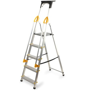 АЛЮМИНИЕВАЯ ЛЕСТНИЦА ДЛЯ ДОМА, 5 СТУПЕНЕЙ, СКЛАДНАЯ С ПОРУЧНЯМИ, ПОЛКА + КРЮК