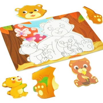 Drewniana układanka puzzle niedźwiedź niedźwiadki