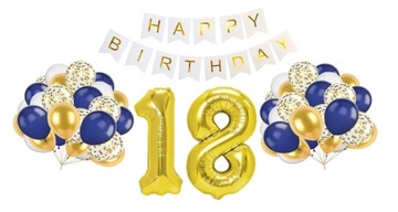 Zestaw na 18 urodziny Balony Baner Cyfry złoty 70cm Happy Birthday Granat