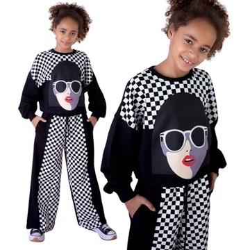 Luźny modny dres oversize CARO czarny spodnie szerokie bluza 158 komplet