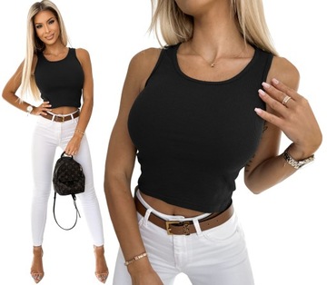 Wygodny PRĄŻKOWANY CROP TOP Elastyczny Czarny S