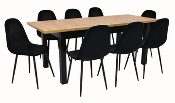 DUŻY stół rozkładany DĄB + 8 krzeseł czarny VELVET