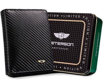Skórzany portfel Męski na zamek z powłoką carbon Peterson Czarny