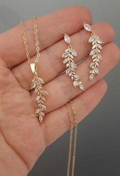 КОМПЛЕКТ ОЖЕРЕЛЬЕ СЕРЬГИ ЛИСТЬЯ ЗОЛОТАЯ СВАДЬБА