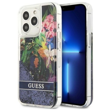 Guess Liquid Glitter Flower – Pouzdro pro iPhone 13 Pro (modré)