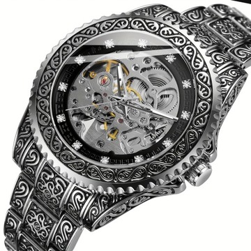 Мужские винтажные золотые механические часы с резной отделкой