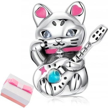 Srebrny Charms KOT Z GITARĄ Zawieszka BEADS GITARA