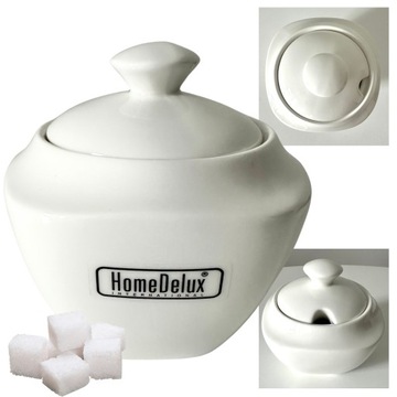 PORCELANOWA CUKIERNICA BIAŁA Z POKRYWKĄ HOMEDELUX ZESTAW Z ŁYŻECZKĄ
