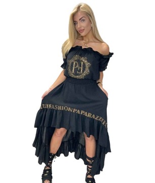 Komplet Damski Czarny bawełniany bluzka spódnica letni PF PAPARAZZI FASHION