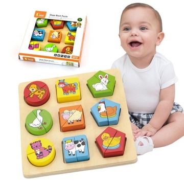 Puzzle Edukacyjne Drewniane Zwierzęta 18 El. Nauka Kolorów Kształtów