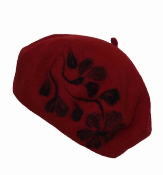 Beret wełniany dequpage czerwony fioletowy bratek