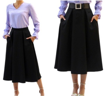 Elegancka wizytowa spódnica midi kontrafałdy ,kieszenie czarna R.38 (34-54)