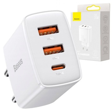 BASEUS SZYBKA ŁADOWARKA UNIWERSALNA 2x USB/USB-C MOCNA 30W ZASILACZ 3A