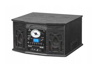 Проигрыватель проигрывателя, стереосистема, запись MP3, черный деревянный корпус, пульт дистанционного управления.