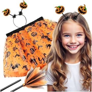 STRÓJ CZAROWNICY DYNIA KOSTIUM NA HALLOWEEN CZAROWNICA TUTU OPASKA + MIOTŁA