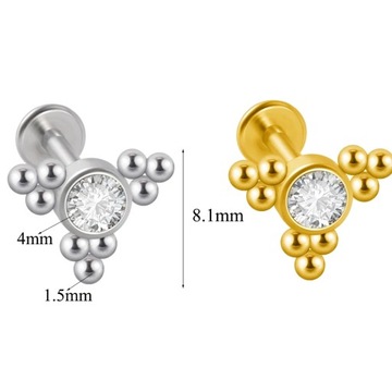 Piercing de acero quirúrgico para labio Labret, Gema de cristal chapada en