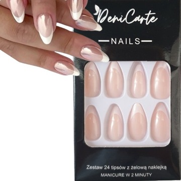 PAZNOKCIE SZTUCZNE TIPSY MIGDAŁ KLASYCZNY FRENCH ŻELOWE SAMOPRZYLEPNE 24SZT