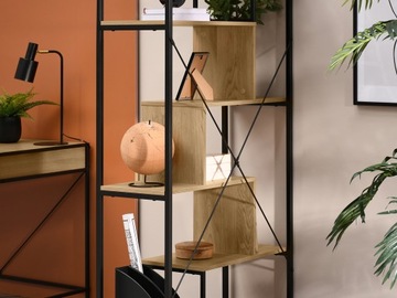 MODNY REGAŁ LOFT Z DĘBOWYMI PÓŁKAMI HARPER B STELAŻ CZARNY DO DOMU I BIURA