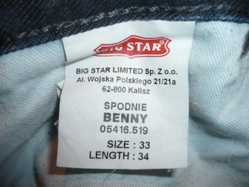 SPODNIE JEANS BIG STAR BENNY W33/L31 - W82/L105 QUALITY COMFORT REGULAR FIT