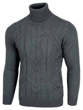 Sweter męski Golf gruby Ciepły Miły w dotyku Zimowy Grafit r. XL + Naklejka