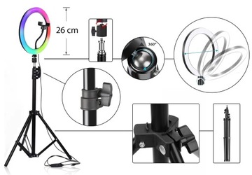 LAMPA PIERŚCIENIOWA LED RING MAKIJAŻ STATYW RGB