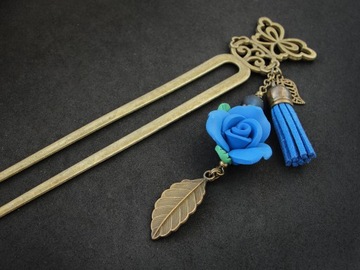 Szpilka wsuwka igła do włosów koka niebieska róża podwójna szpila handmade