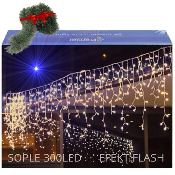 LAMPKI ŚWIĄTECZNE SOPLE CIEPŁE 300 LED 12m ŁAŃCUCH GRATIS GIRLANDA ŚWIETLNA