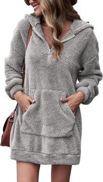Damska bluza z kapturem, oversize, jednoczęściowa sukienka z polaru