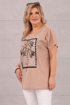 BAWEŁNIANA BLUZKA T-SHIRT OVERSIZE DUŻE ROZMIARY DŁUGA LUŹNA LETNIA AŻUROWA