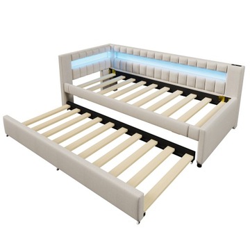 Wersalka 90x200, beż, len, LED pilot, USB-C, bez materaca