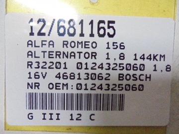 ALFA ROMEO 156 ALTERNÁTOR 0124325060 1,8 46813062