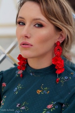 КРАСНЫЕ ДЛИННЫЕ СУТАЖНЫЕ СЕРЬГИ С ЦВЕТАМИ, КРАСИВЫЕ