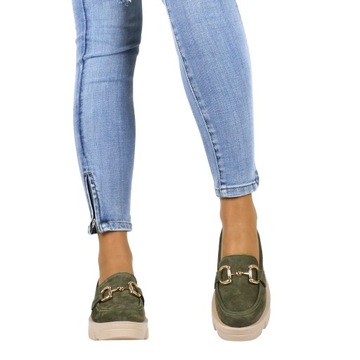 ЛОФЕРЫ ХАКИ С ПРЯЖКОЙ МОКАСИНЫ НА ПЛАТФОРМЕ, ПЛОТНАЯ КОЖА, ЗЕЛЕНАЯ ПОДОШВА