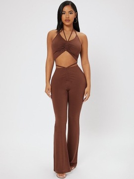 ŚCIĄGACZ SPODNIE WYSOKI STAN 4KK NF9__M SHEIN BRĄZOWY KOMPLET CROP TOP