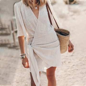 Simple Women Cotton Linen V-Neck Dress 2024 Office