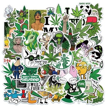 WLEPY NAKLEJKI WODOODPORNE MIX KONOPIE 50 szt