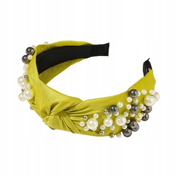 Opaska do włosów szeroka na głowę perły żółta turban węzeł vintage perełki