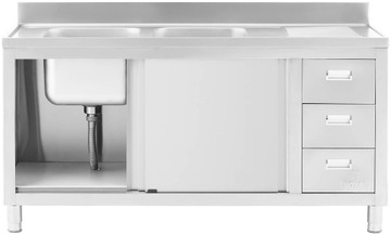 Раковина для бассейна с двумя чашами и тумбой с раздвижными дверцами и ящиками.