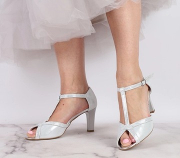 Skórzane buty ślubne sandały taneczne na obcasie białe posrebrzane ROZ. 38