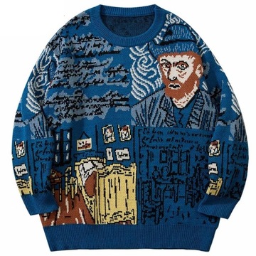 High Street Knitted Sweater Men Van Gogh Graffiti